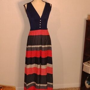 Rare Vintage Olga Red White Blue Bodice Polka-dot Palazzo Jumpsuit Silky Soft